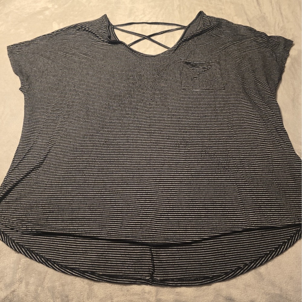 Faded Glory 3x Women's Striped Shirt Short Sleeve Crisscrossed Back With Pocket